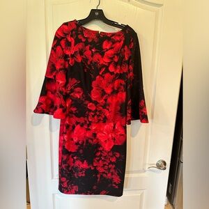Calvin Klein black red Floral Bell-Sleeve knee length Sheath Dress size 8